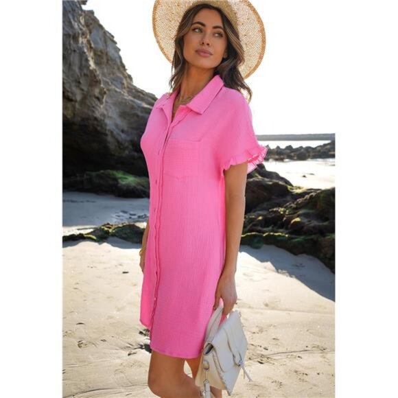 Womens Beach Cover Up Dress Cotton Button Down Shirt Dresses Ruffle Sleeves - Picture 3 of 7